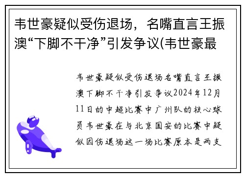 韦世豪疑似受伤退场，名嘴直言王振澳“下脚不干净”引发争议(韦世豪最新)